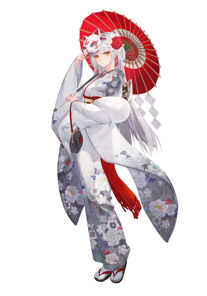 1girl, absurdres, bad_source, bangs, black_survival, closed_mouth, floral_print, full_body, hair_ornament, hand_up, highres, holding, holding_umbrella, japanese_clothes, kanzashi, kimono, long_hair, looking_at_viewer, mask, mask_on_head, minami_rio, official_alternate_costume, official_art, print_kimono, red_umbrella, simple_background, solo, standing, tabi, transparent_background, umbrella, white_hair, yellow_eyes, zouri