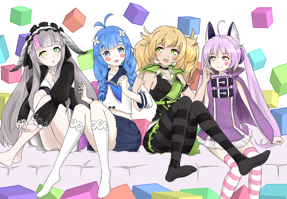 4girls, colorful, feichu_keju, floating_cubes, forever_7th_capital, green_sleeveless, heterochromia, long_twintails