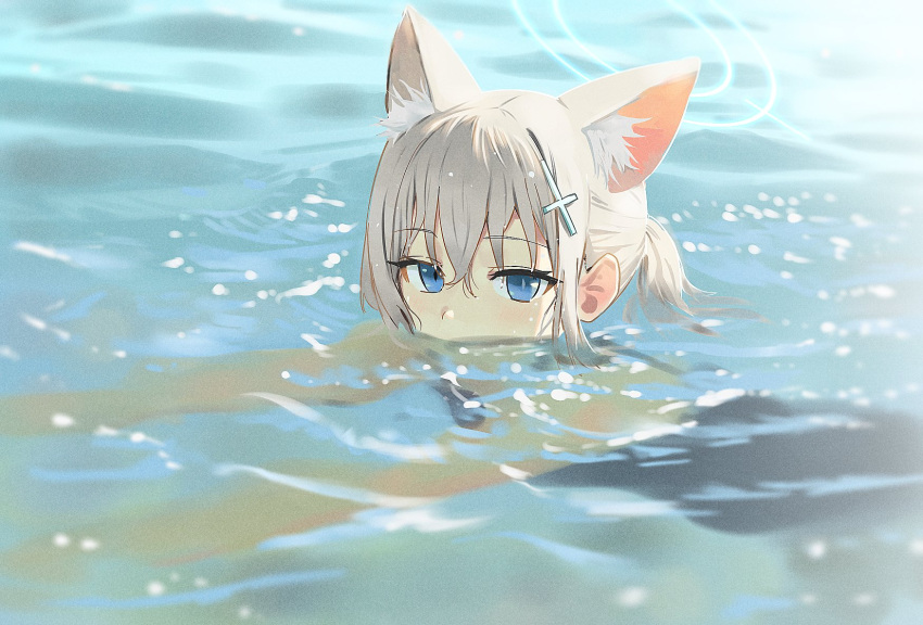 animal_ears, bangs, blue_archive, blue_eyes, blue_swimsuit, cat_ears, commentary_request, hair_ornament