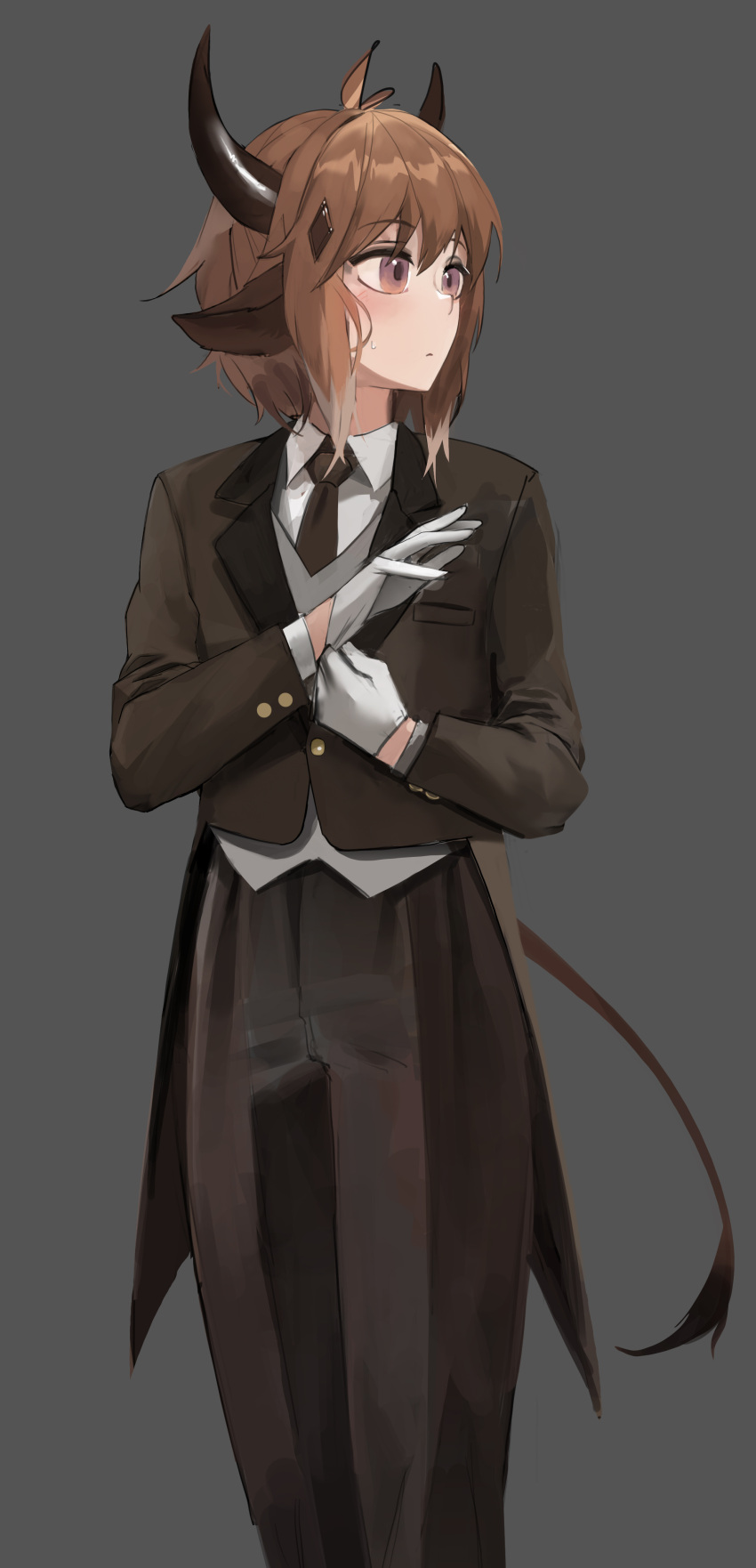 1boy, absurdres, arknights, bangs, bison_(arknights), brown_hair, brown_jacket, brown_necktie