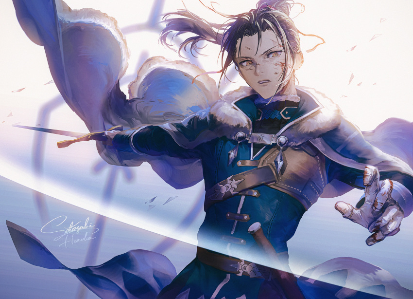 1boy, armor, belt, blood, blood_on_face, blue_hair, blue_jacket, brown_belt