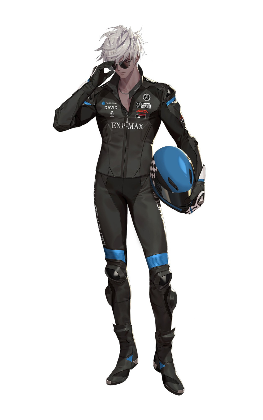 1boy, aiden_(black_survival), artist_request, black_survival, closed_mouth, full_body, hand_up, headwear_removed, helmet, helmet_removed, highres, looking_at_viewer, male_focus, official_alternate_costume, official_art, red_eyes, short_hair, simple_background, solo, standing, sunglasses, white_background, white_hair
