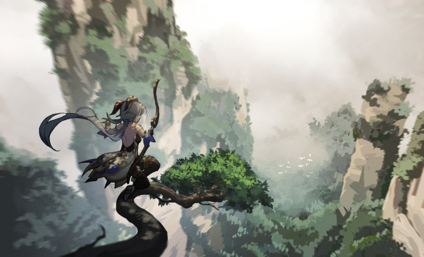 1girl, back, bird, blue_hair, bow_(weapon), calamaripop, from_behind, from_side