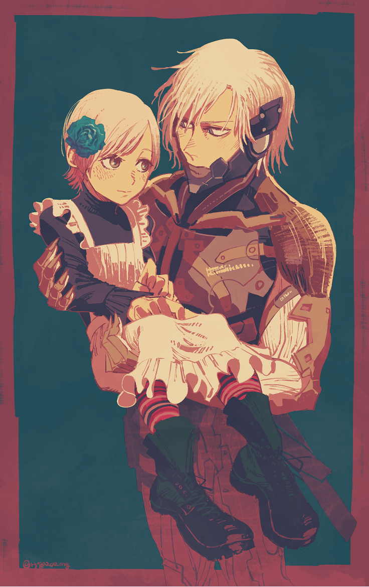 1boy, 1girl, apron, boots, brown_eyes, closed_mouth, cyborg, flower, gloves, grey_hair, hair_flower, hair_ornament, holding, iumogu_(h17), metal_gear_(series), metal_gear_solid_4, raiden_(metal_gear), short_hair, simple_background, striped, sunny_gurlukovich, white_hair