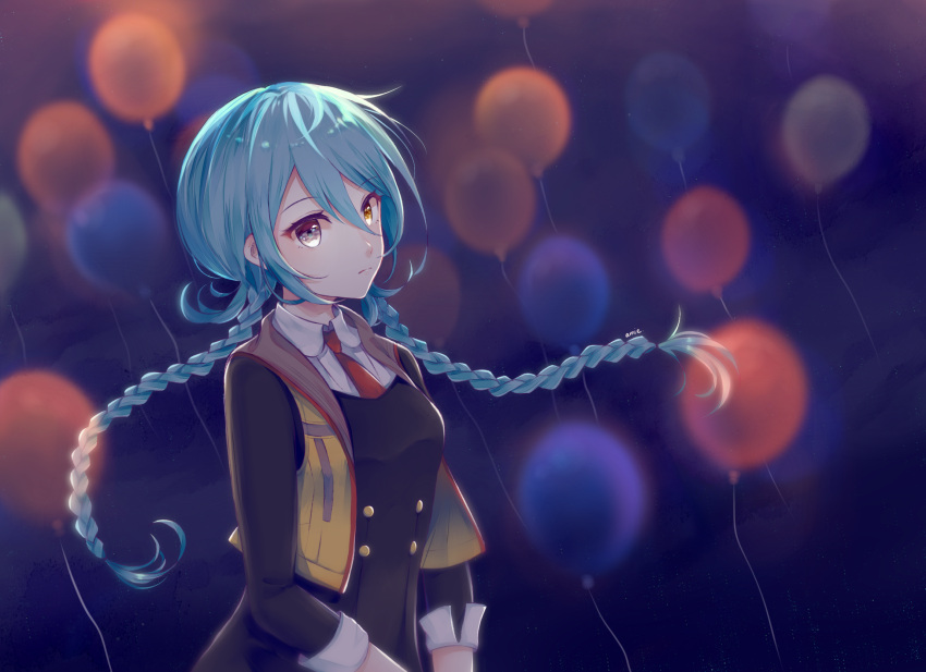1girl, ai_the_somnium_files, ai_the_somnium_files:_nirvana_initiative, amie_(gentleflower), balloon, braid, hair_between_eyes, heterochromia, highres, light_blue_hair, long_hair, long_sleeves, necktie, okiura_mizuki, open_clothes, open_vest, red_necktie, standing, twin_braids, vest, yellow_eyes, yellow_vest