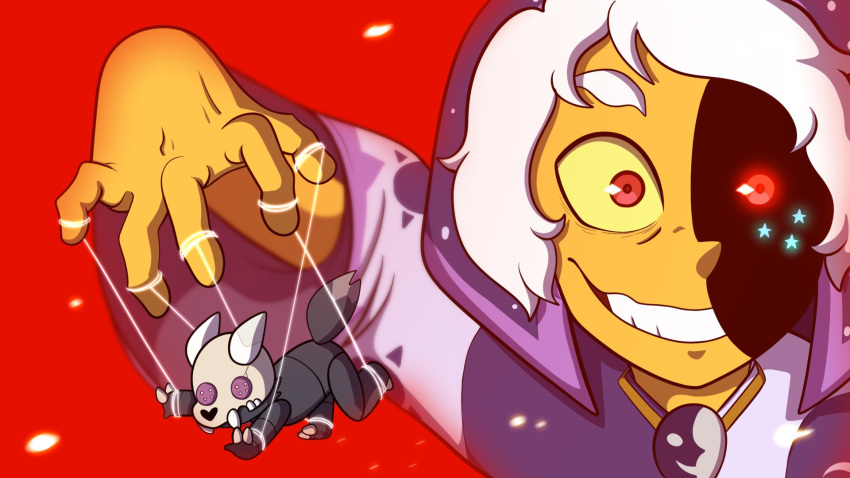 1boy, 1other, black_skin, bonejanky, colored_skin, crescent_moon, evil_smile, highres