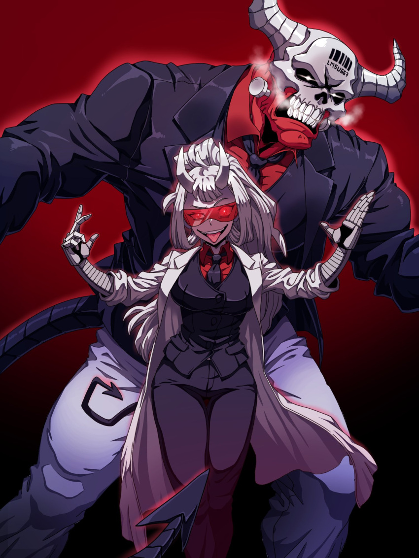 1boy, 1girl, barcode, barcode_tattoo, black_giraffe, colored_skin, demon_boy, demon_girl