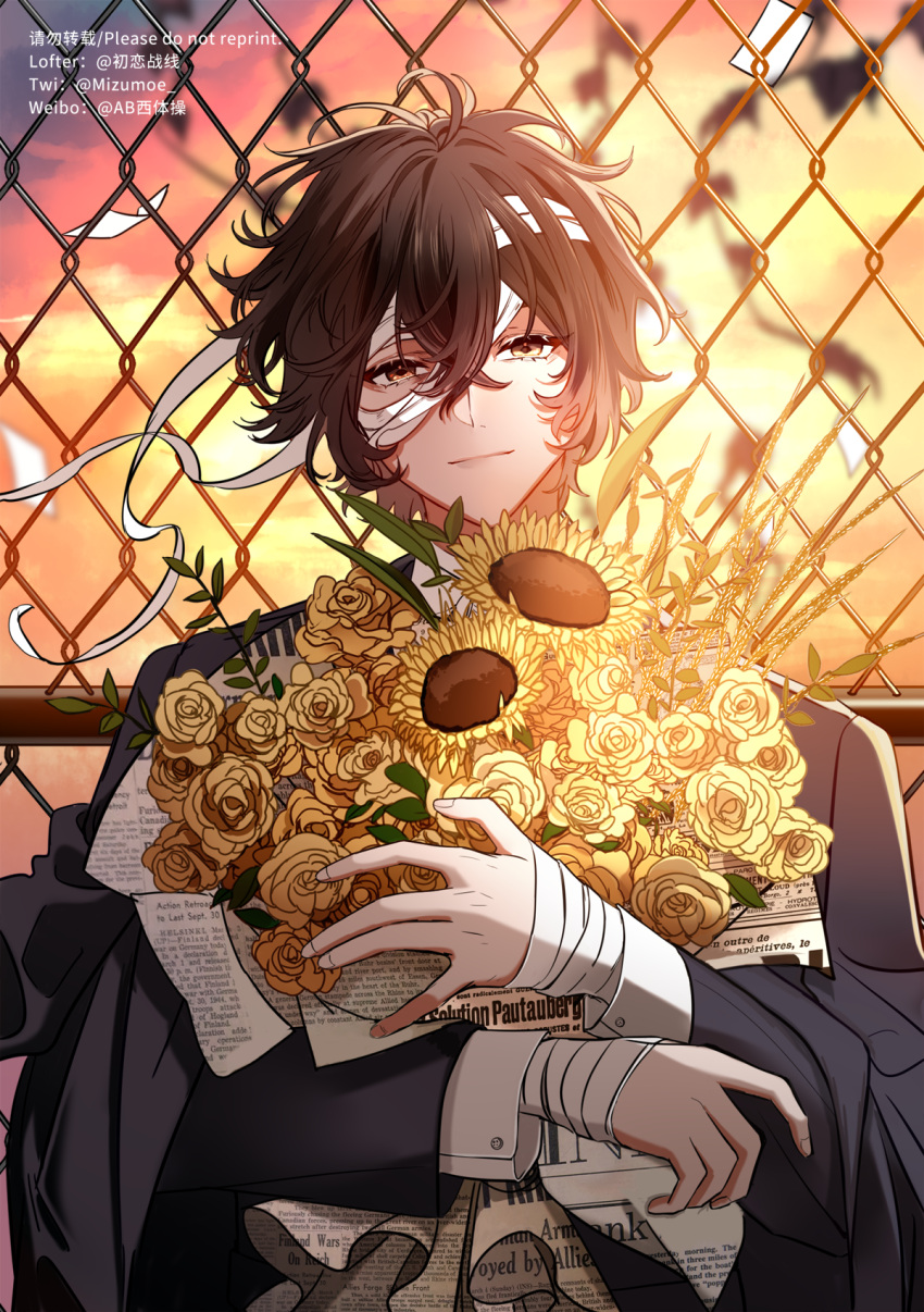 1boy, bandaged_arm, bandaged_head, bandaged_neck, bandages, bangs, bishounen, black_hair, brown_eyes, brown_hair, bungou_stray_dogs, cadsu, collared_shirt, dazai_osamu_(bungou_stray_dogs), dress_shirt, floating_hair, flower, formal, hair_between_eyes, highres, holding, jacket, light_rays, light_smile, long_sleeves, looking_at_viewer, male_focus, newspaper, shirt, short_hair, sleeve_cuffs, smile, solo, sunflower, sunset, white_shirt, wind