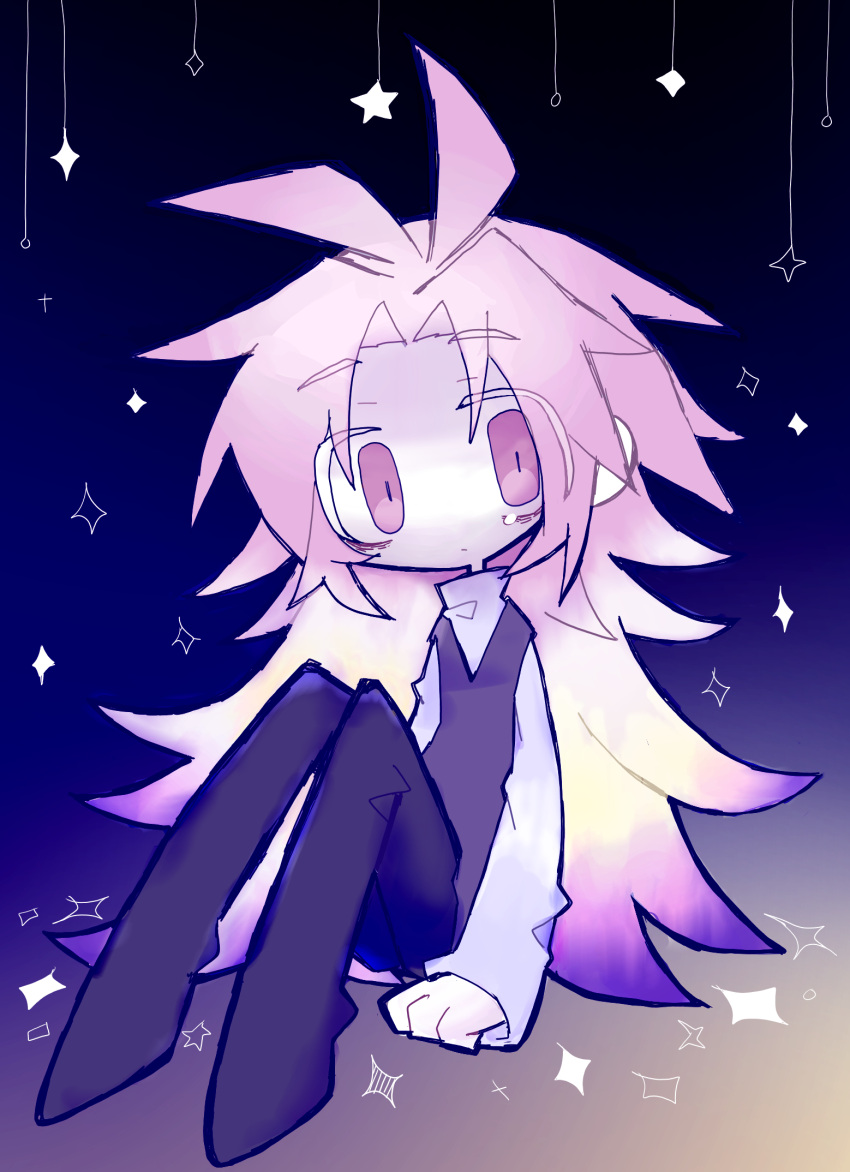 1boy, antenna_hair, black_pants, black_vest, closed_mouth, colored_skin, commentary_request, hair_intakes