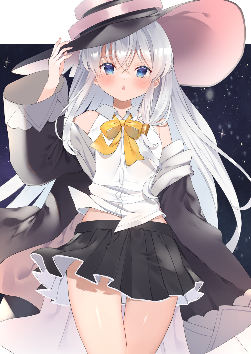 1girl, absurdres, arm_up, black_headwear, black_robe, black_skirt, blue_eyes, commission