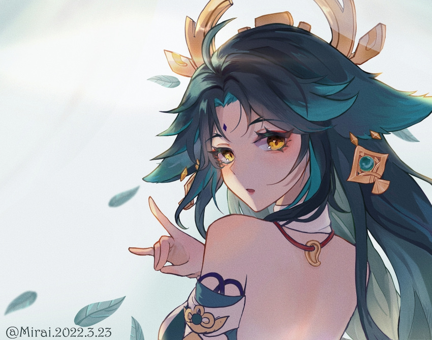 1girl, alternate_costume, animal_ears, back, bangs, bare_shoulders, cosplay, detached_sleeves, diamond-shaped_pupils, diamond_(shape), facial_mark, forehead_mark, fox_ears, fox_shadow_puppet, genderswap, genderswap_(mtf), genshin_impact, hair_ornament, hello3393795, highres, japanese_clothes, long_hair, looking_back, multicolored_hair, slit_pupils, solo, symbol-shaped_pupils, two-tone_hair, wide_sleeves, xiao_(genshin_impact), yae_miko, yae_miko_(cosplay), yellow_eyes
