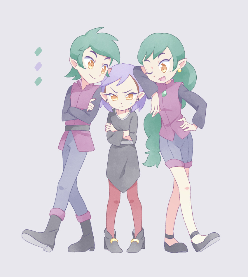 1boy, 2girls, akasaka_(qv92612), amity_blight, arm_on_head, boots, brown_legwear, chest_jewel