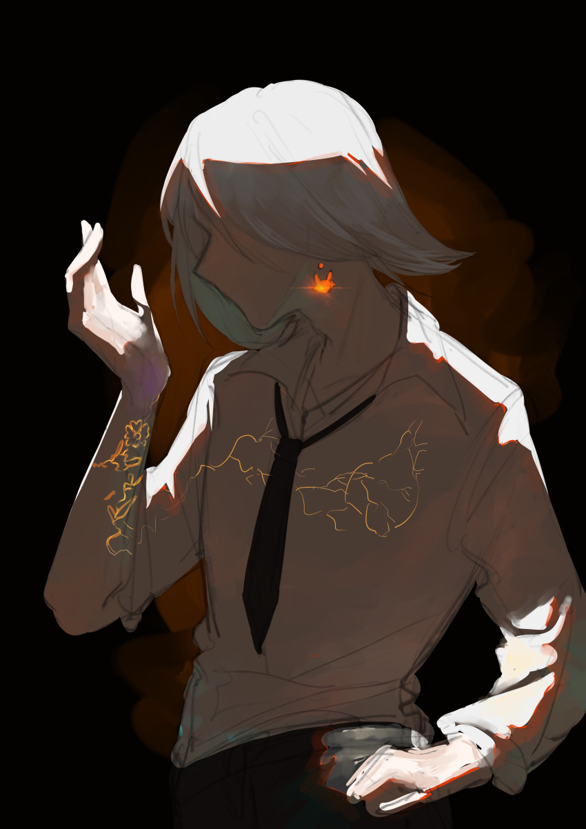 absurdres, black_necktie, dress, earrings, from_side, glowing, glowing_earrings, hand_up