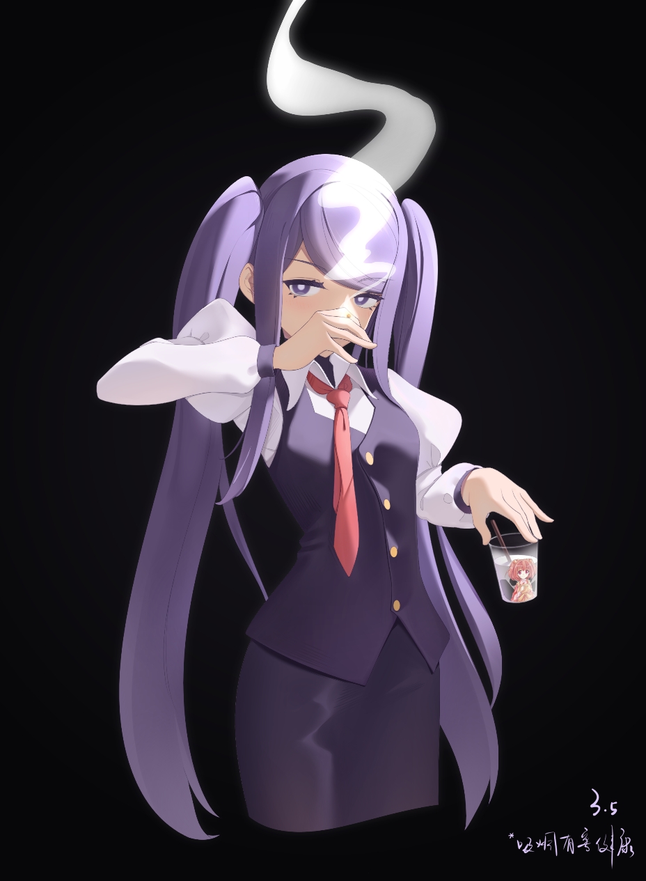 1girl, black_background, character_print, chinese_commentary, commentary_request, covering_mouth, cup, dated