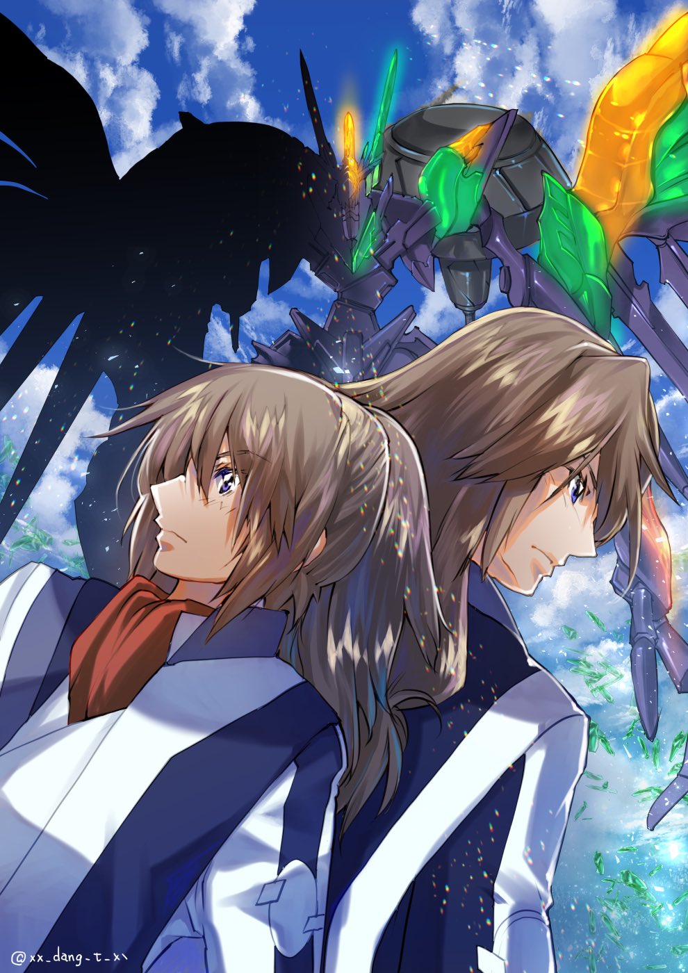 2boys, brown_hair, clouds, highres, jacket, looking_down, male_focus, mark_nicht, mecha, minashiro_soushi, minashiro_soushi_(2), multiple_boys, ponytail, red_scarf, robot, scarf, science_fiction, sky, soukyuu_no_fafner, takayama_dan, violet_eyes, white_jacket