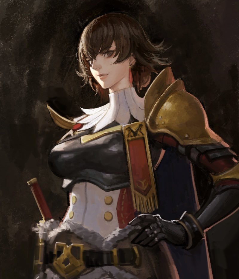 1girl, armor, belt, black_background, black_cape, boobplate, breastplate, brown_eyes, brown_hair, buttons, cape, commentary, cowboy_shot, earrings, fiorayne_(monster_hunter), fringe_trim, from_side, fur-trimmed_belt, fur_trim, gauntlets, hand_on_hip, high_collar, jewelry, looking_at_viewer, monster_hunter_(series), monster_hunter_rise, pauldrons, phamoz, sheath, sheathed, short_hair, shoulder_armor, smile, solo, standing