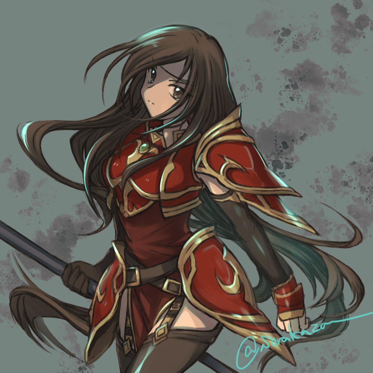 1girl, altena_(fire_emblem), armor, black_legwear, brown_eyes, brown_hair, dress, fire_emblem, fire_emblem:_genealogy_of_the_holy_war, floating_hair, hairband, head_tilt, highres, holding, holding_polearm, holding_weapon, long_hair, looking_at_viewer, polearm, red_dress, solo, sorakaza, thigh-highs, twitter_username, very_long_hair, weapon, white_hairband