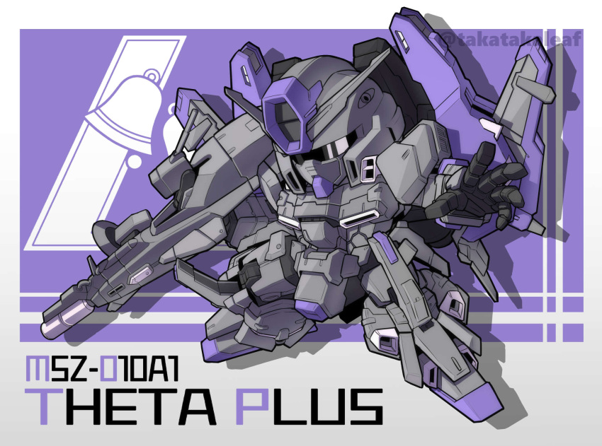 character_name, chibi, gun, gundam, highres, holding, holding_gun, holding_weapon, looking_down, mobile_suit, moon_gundam, no_humans, open_hand, sd_gundam, shadow, takaba_akinori, theta_plus, twitter_username, v-fin, weapon