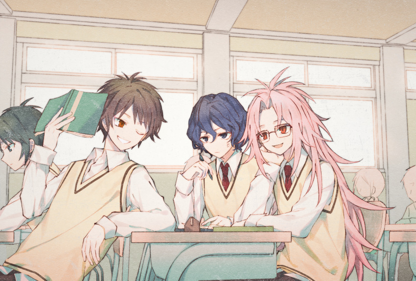 1girl, 3boys, anger_vein, blue_eyes, blue_hair, book, brown_hair, chinese_commentary