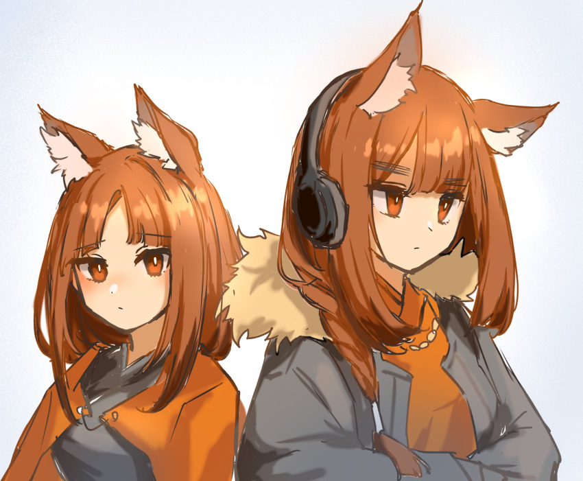 2girls, animal_ears, arknights, black_jacket, black_shirt, brown_eyes, brown_hair, cape