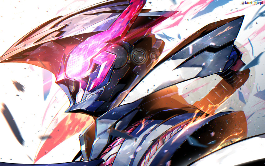 1boy, blue_armor, commentary, compound_eyes, debris, glowing, glowing_eyes, hercules_beetle