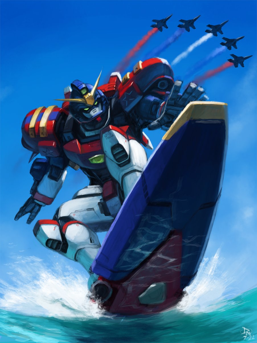boogwerks, colored_smoke, dated, english_commentary, f-15_eagle, fourth_of_july, g_gundam, gundam