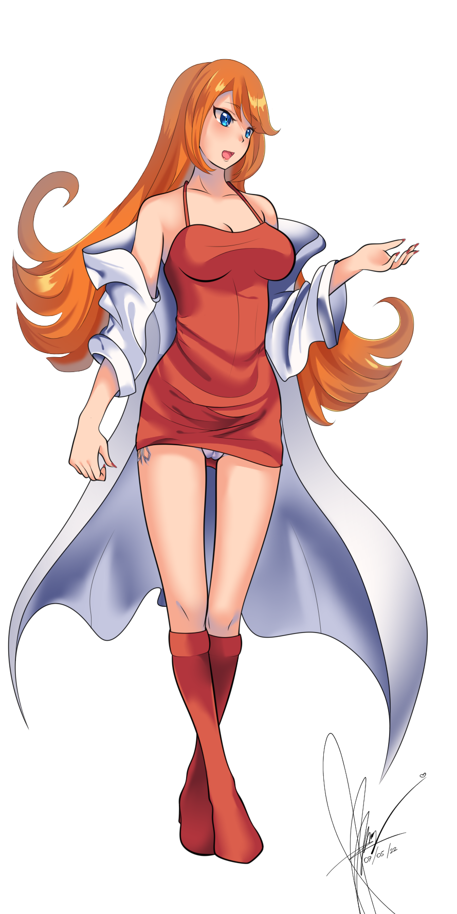 blue_eyes, bodycon, boots, coat, crescent-moon20, dress, full_body, highres