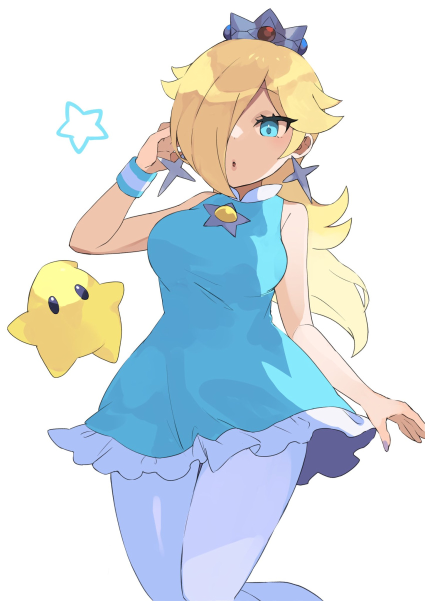 1girl, :o, aqua_dress, blonde_hair, blue_eyes, breasts, brooch, crown, dress, earrings, hair_over_one_eye, highres, jewelry, luma_(mario), lzesmelt, mario_tennis, rosalina, star_(symbol), star_brooch, star_earrings, striped_wristband, super_mario_bros., sweatband, white_background, white_pantyhose, wristband