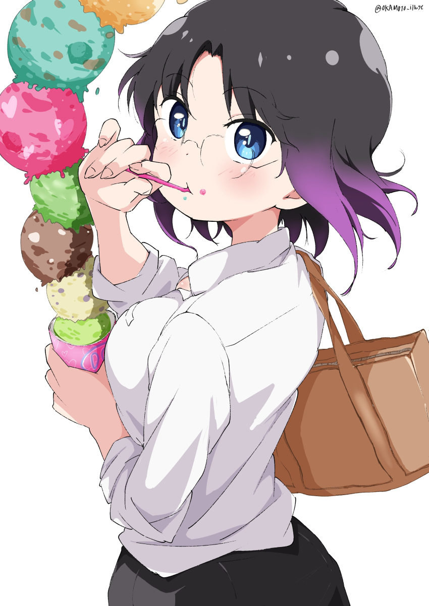 absurdres, bag, black_hair, black_skirt, blue_eyes, blush, brown_bag, collared_shirt