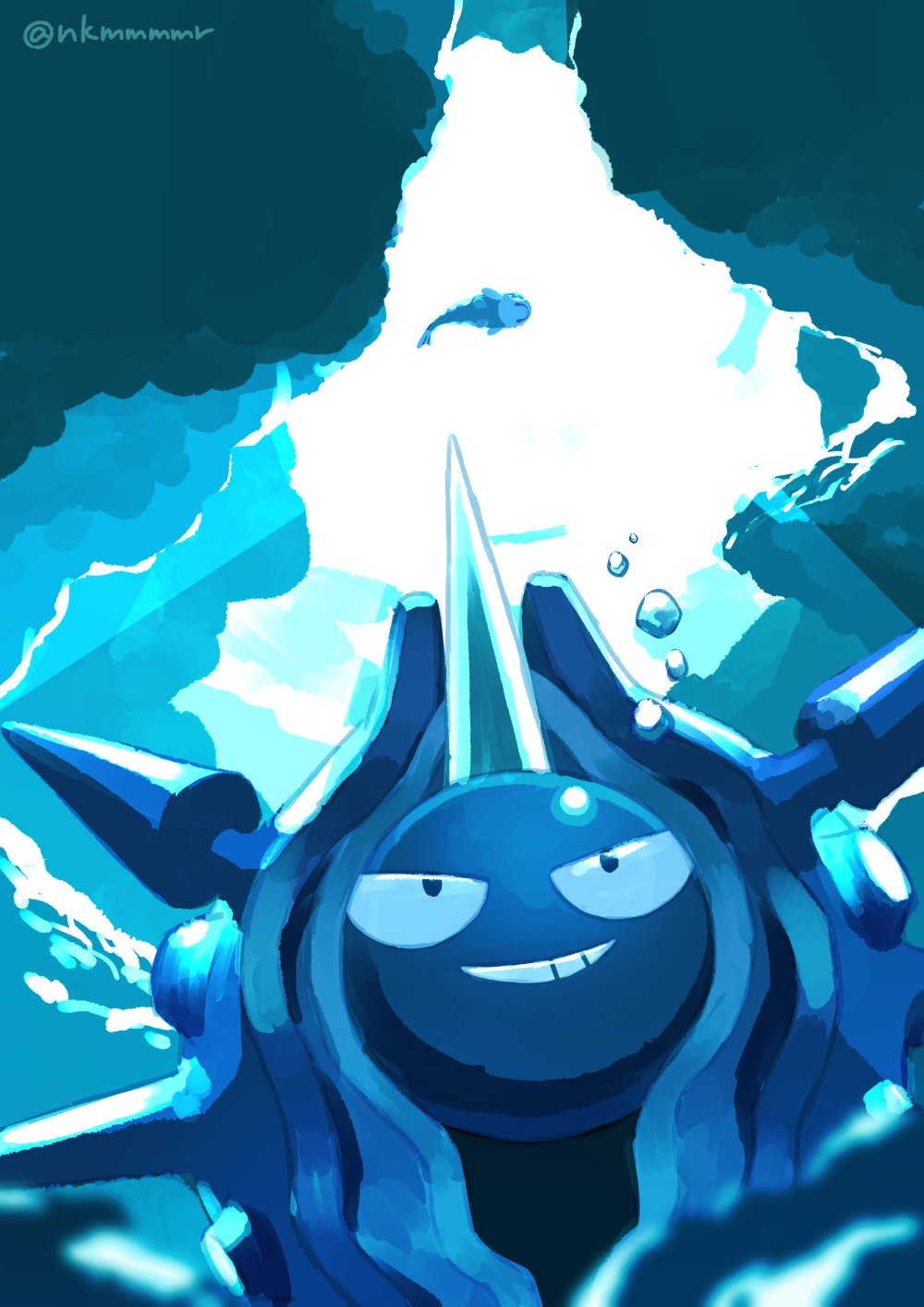 air_bubble, black_eyes, bubble, cloyster, commentary_request, fish, from_below, funahashi_(nkmmmmr)