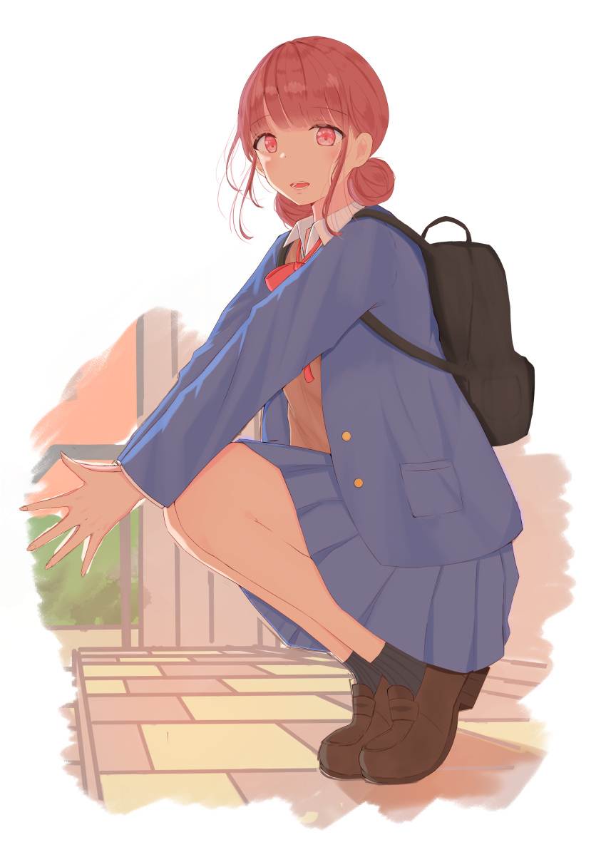 1girl, absurdres, ao_no_hako_(wsj), backpack, bag, black_socks, blue_jacket, blue_skirt