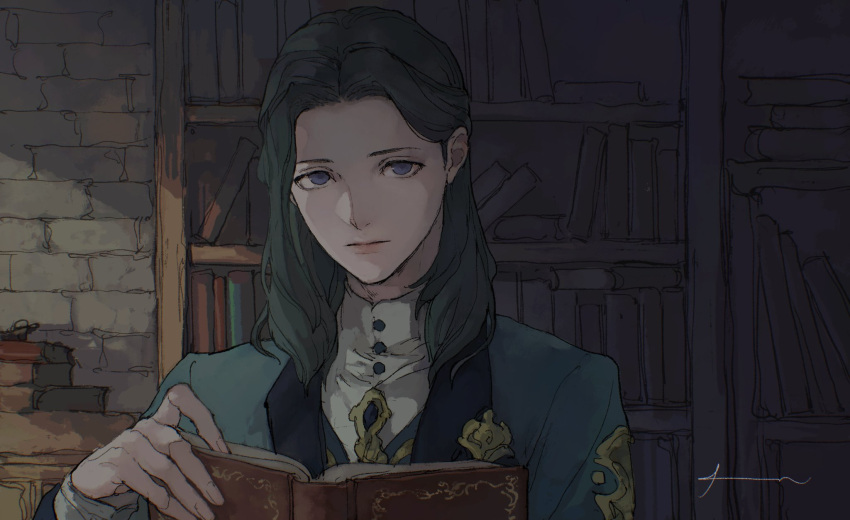 1boy, androgynous, book, bookshelf, brooch, buttons, commentary, dadadadadaist