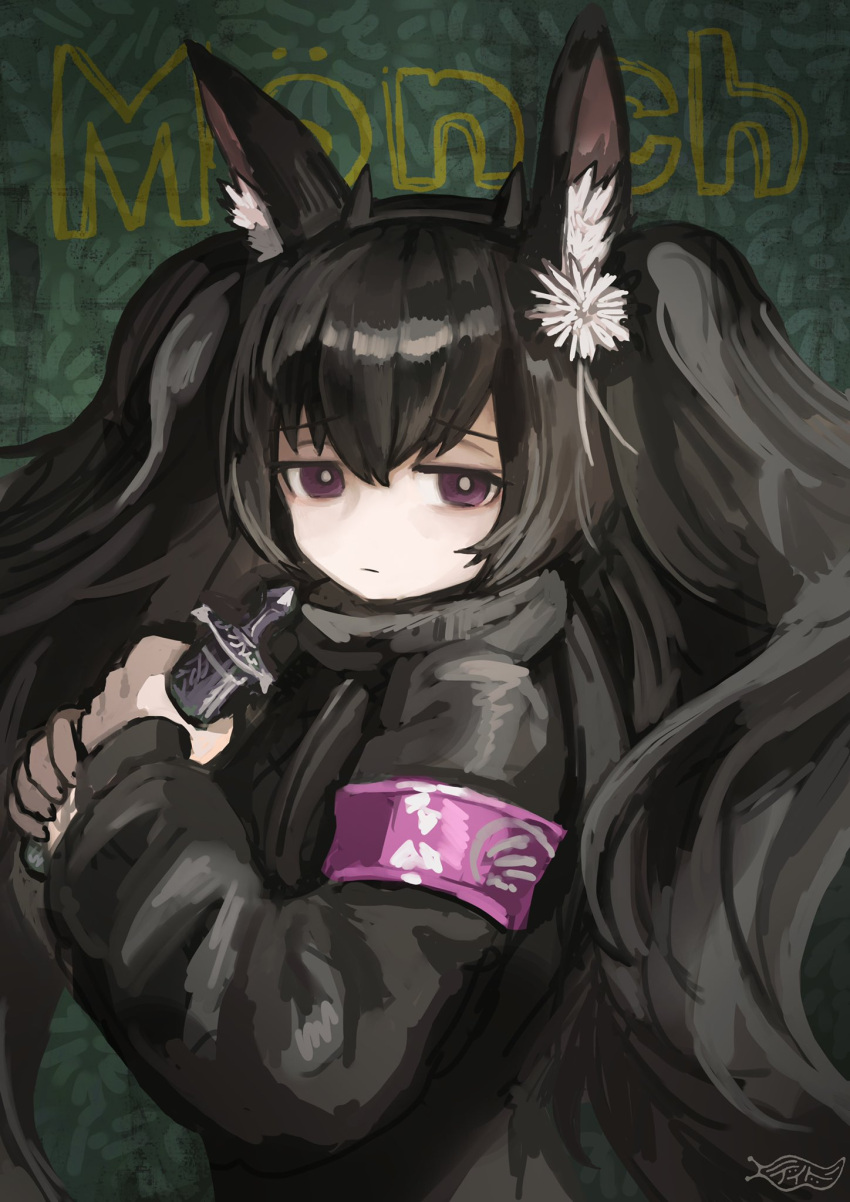 1girl, animal_ears, arknights, armband, black_hair, black_jacket, buchi0122, character_name