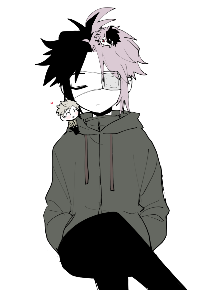 black_eyes, black_hair, black_pants, blonde_hair, chibi, closed_eyes, closed_mouth, commentary_request