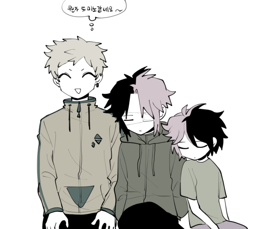 3boys, antenna_hair, black_hair, black_pants, blonde_hair, closed_eyes, closed_mouth, colored_skin