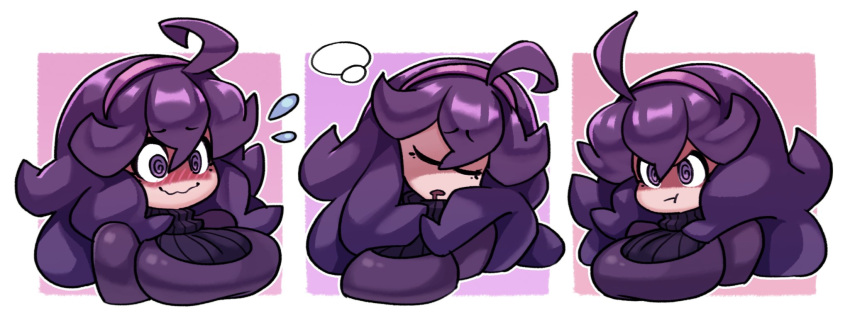 1girl, :t, @_@, ahoge, bangs, breasts, closed_eyes, closed_mouth, commentary, dress, drooling, flying_sweatdrops, hair_between_eyes, hairband, hex_maniac_(pokemon), highres, kurt_robinson, long_hair, mouth_drool, multiple_views, outline, pokemon, pokemon_(game), pokemon_xy, pout, purple_dress, purple_hair, purple_hairband, sleeping, smile, upper_body, violet_eyes