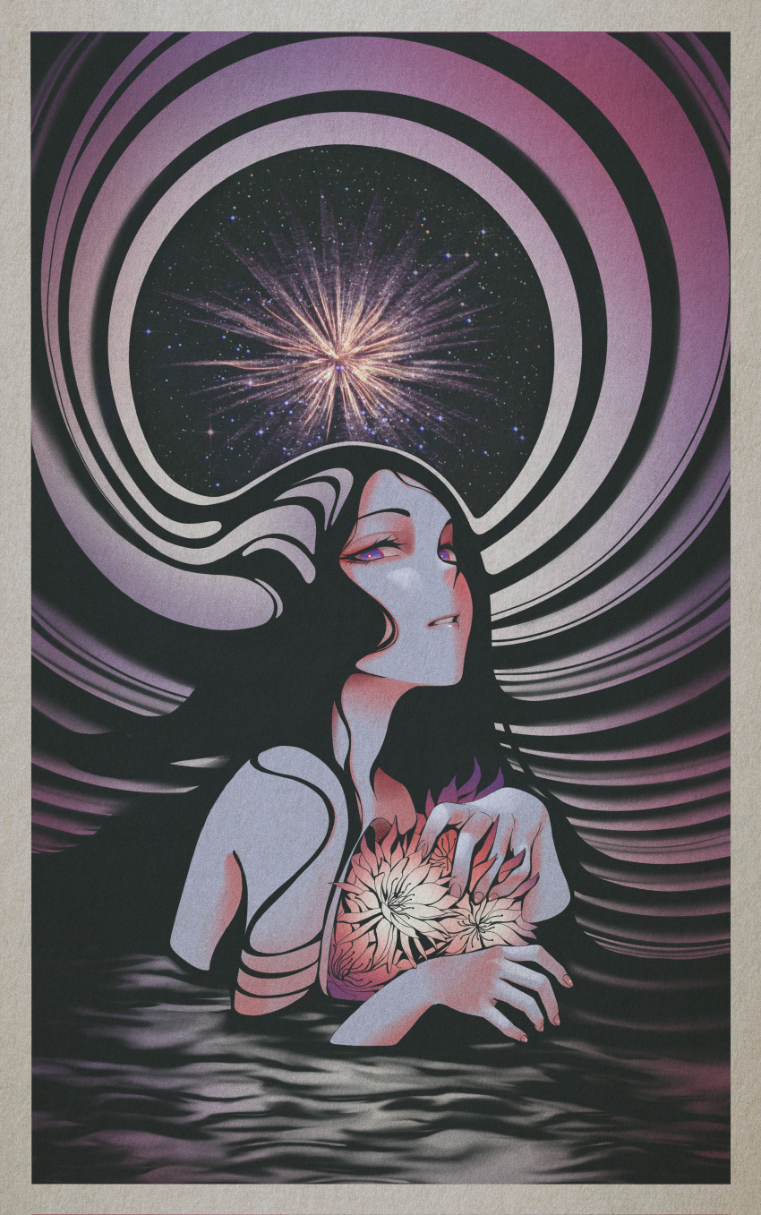 1girl, abstract, absurdres, black_hair, border, dhjs_0010, flower, gradient_flower, grey_border, hands_up, highres, hole_in_chest, hole_on_body, long_hair, looking_at_viewer, muted_color, original, parted_lips, partially_submerged, purple_flower, red_flower, solo, surreal, violet_eyes, white_flower