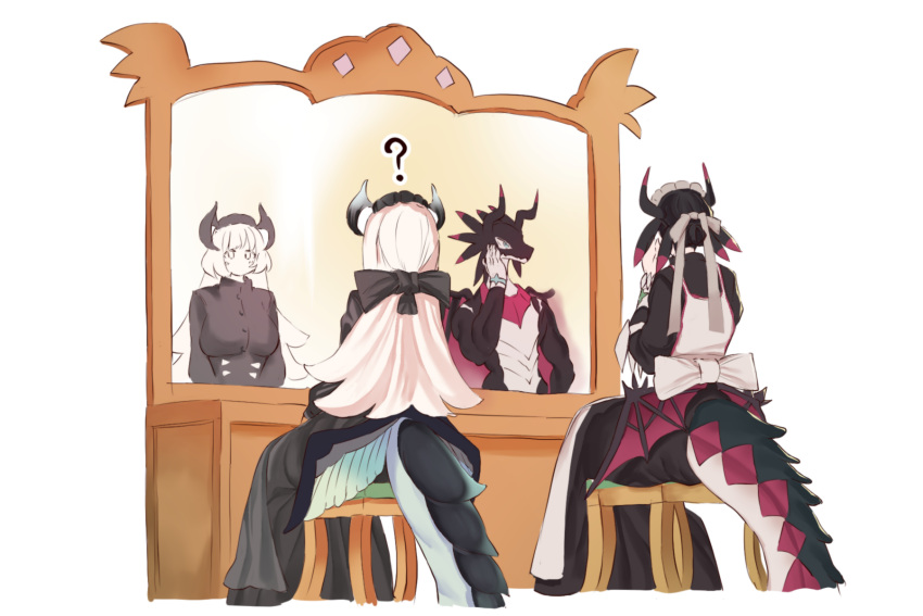 2girls, alternate_form, apron, black_bow, black_dress, black_hair, blonde_hair, bow