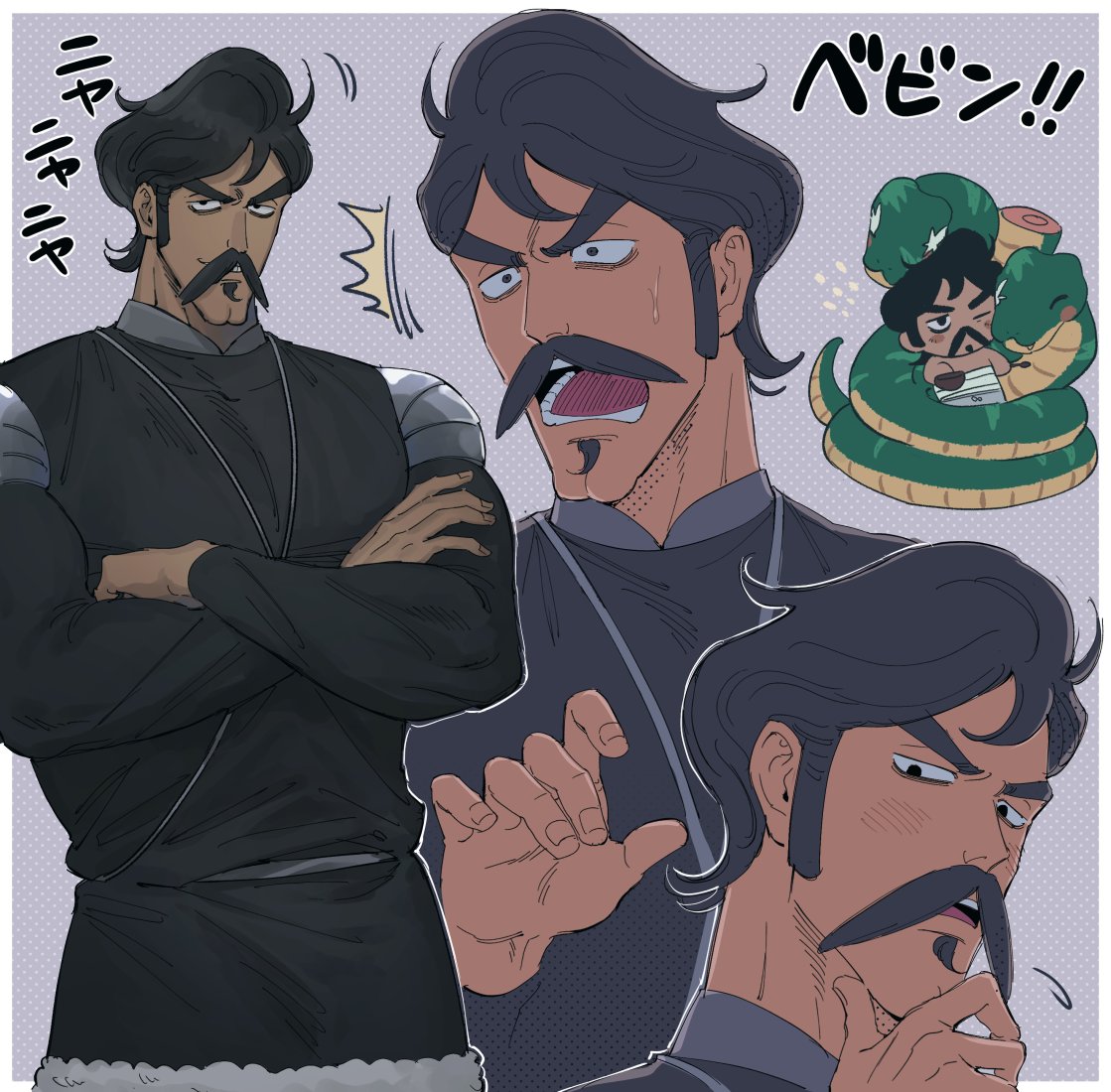 1boy, animal, bebinn, black_eyes, black_hair, black_tunic, commentary_request, crossed_arms