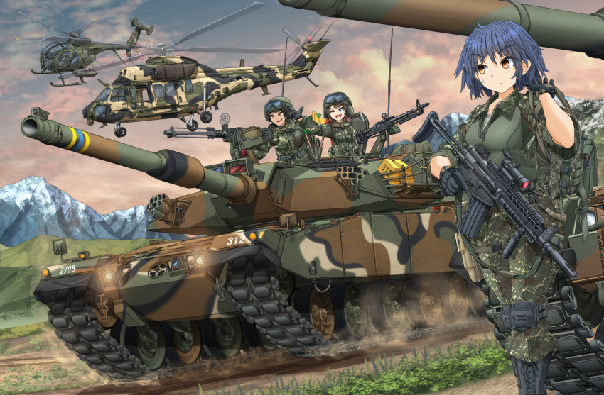 1boy, 2girls, ;d, aircraft, assault_rifle, bangs, black_footwear, black_gloves