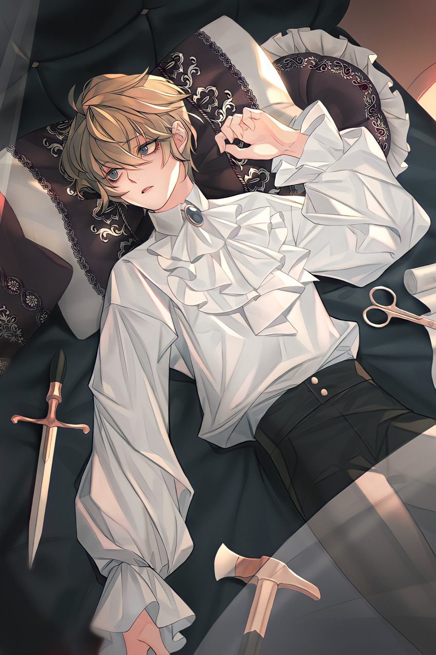 1boy, androgynous, blonde_hair, blue_eyes, eyeshadow, garam_(rkfka), hammer, highres