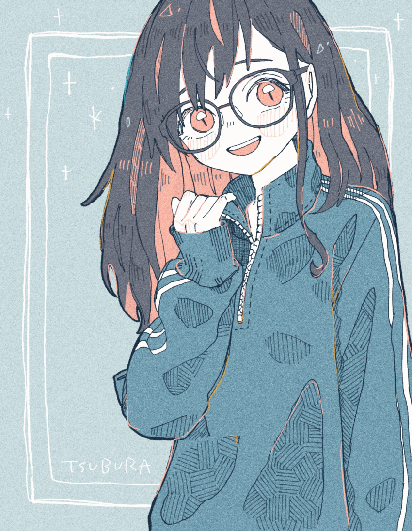 1girl, 99_yen_(tsubura), :d, artist_name, black_hair, colored_inner_hair, glasses, highres