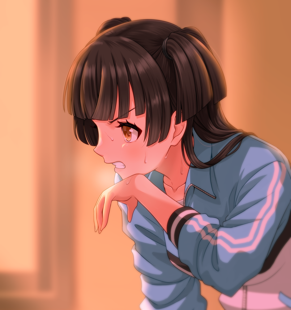 1girl, bangs, black_hair, breath, brown_eyes, collarbone, from_side, hige_(com)