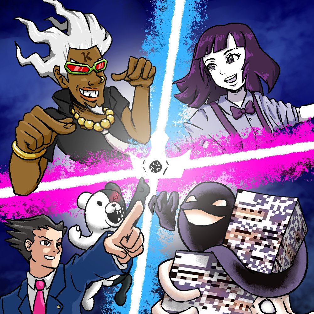 1girl, 2boys, 2others, ace_attorney, aerodactyl, aura, badge, bangs