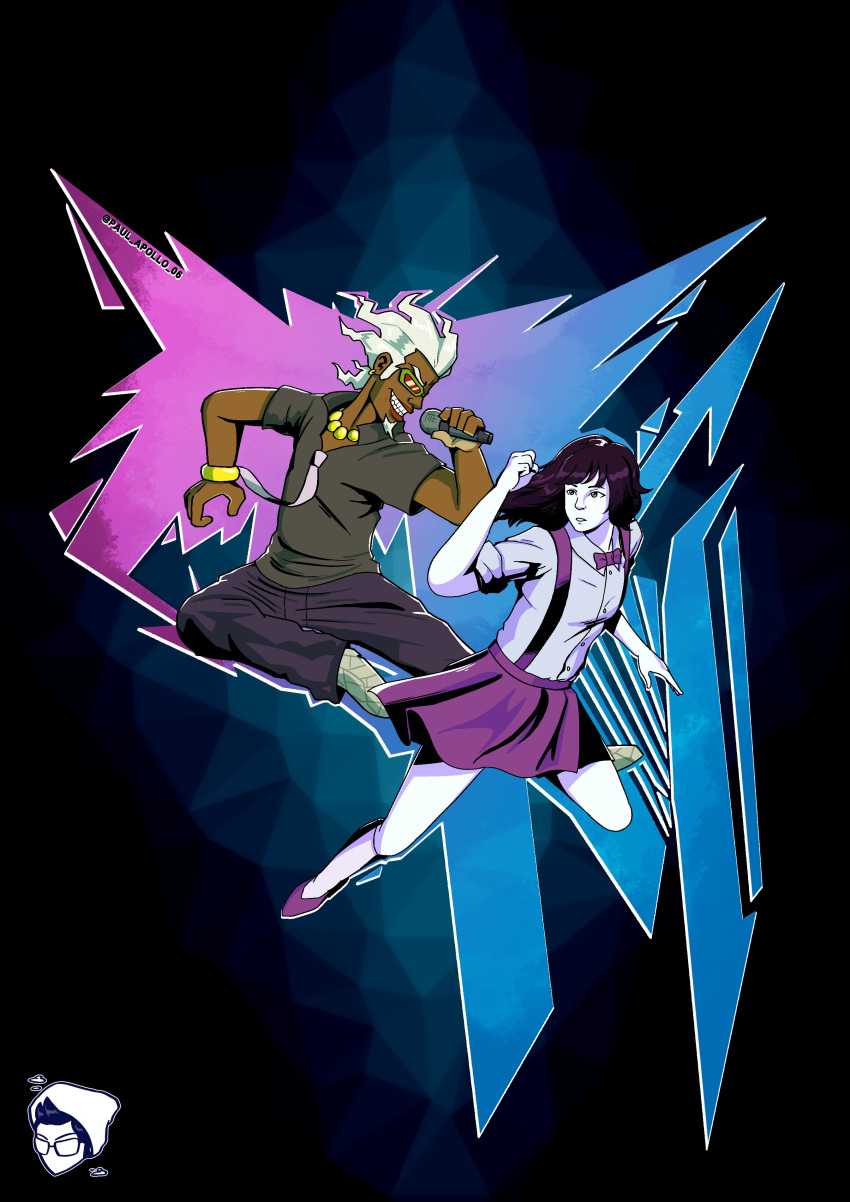 1boy, 1girl, absurdres, artist_logo, bead_necklace, beads, black_pants, black_shirt, bow, bowtie, bracelet, colored_skin, crossover, dark-skinned_male, dark_skin, dj_professor_k, english_commentary, facial_hair, fighting, floating_hair, goatee, green-framed_eyewear, grin, highres, holding, holding_microphone, jet_set_radio, jet_set_radio_future, jewelry, lavender_shirt, medium_hair, microphone, midair, multicolored_background, necklace, necktie, pants, parted_lips, paul_nguyen, popped_collar, purple_bow, purple_bowtie, purple_footwear, purple_hair, purple_skirt, real_life, red-tinted_eyewear, shirt, shoes, siivagunner, skirt, sleeves_rolled_up, smile, spiky_hair, suspenders, sweetest_music, t-shirt, takeuchi_mariya, tinted_eyewear, twitter_username, white_footwear, white_hair, white_necktie, white_skin, white_socks, wing_collar