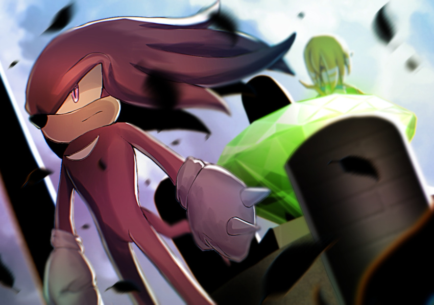 1boy, 1girl, cang_she, closed_mouth, gem, gloves, knuckles_the_echidna, master_emerald, serious, snout, sonic_(series), sonic_adventure, standing, tikal_the_echidna, violet_eyes, white_gloves