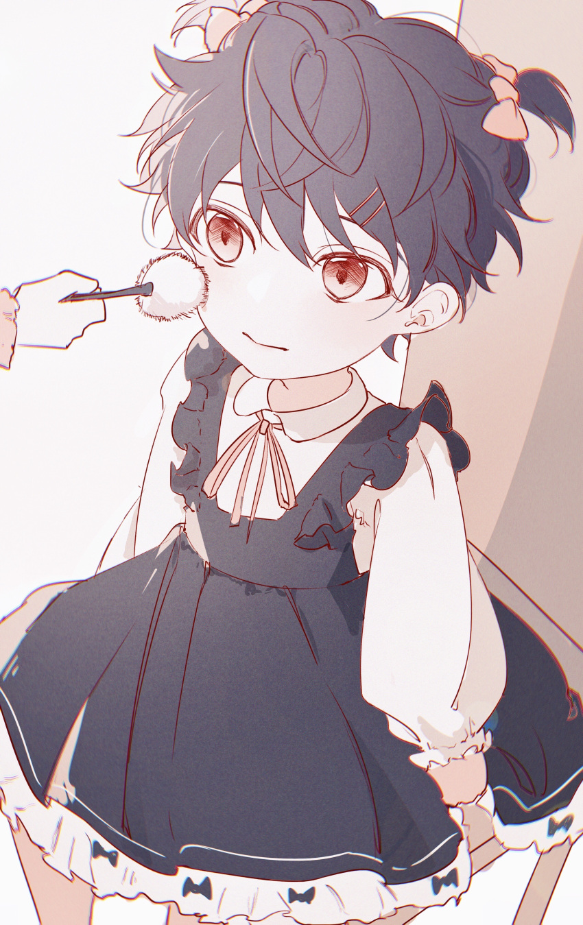1girl, absurdres, accookie, alternate_costume, black_hair, child, dress, film_grain, fur, genderswap, genderswap_(mtf), hair_ornament, hairclip, highres, idolish_7, momo_(idolish_7), red_eyes, short_hair, sitting, solo, twintails