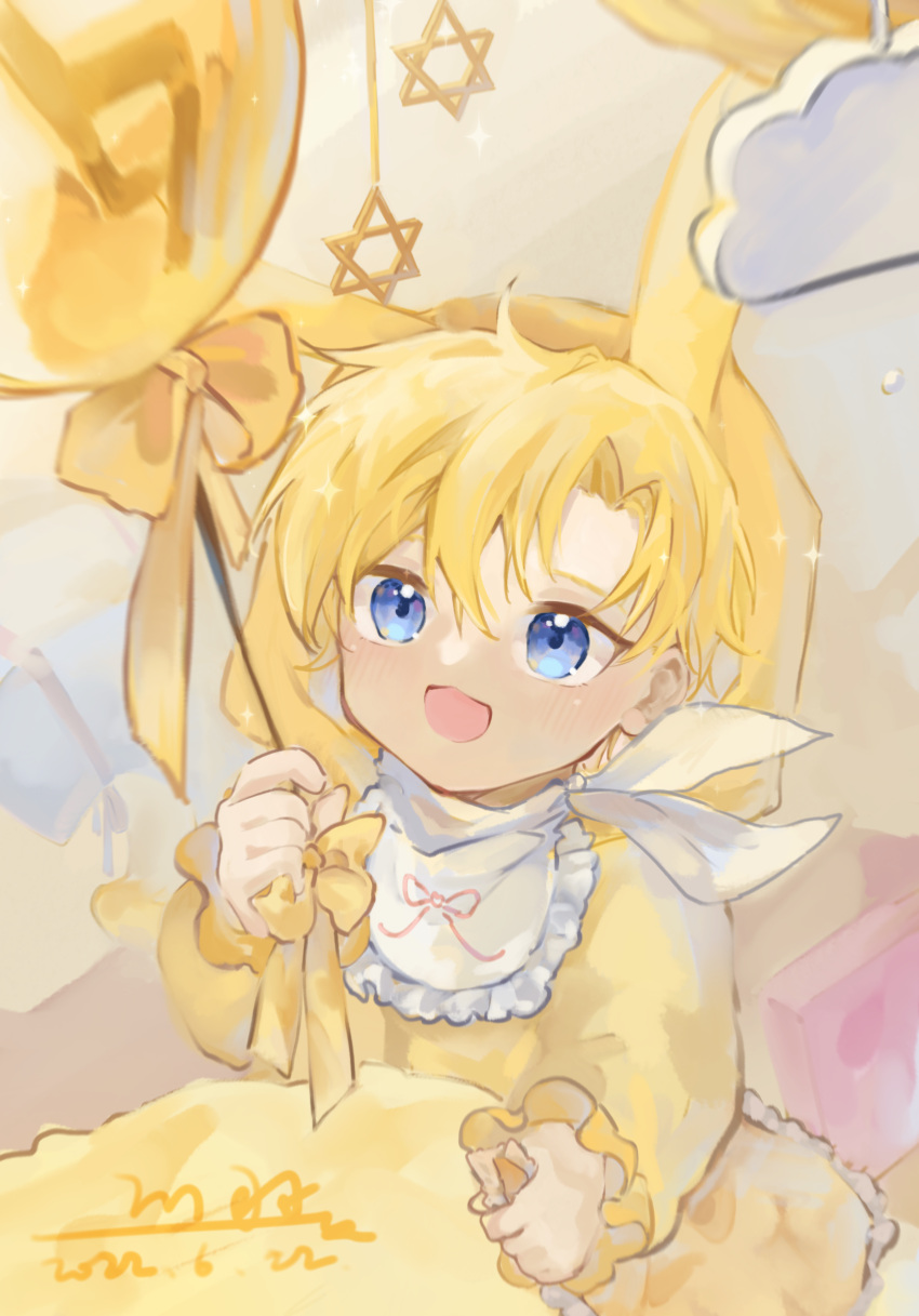 1boy, blonde_hair, blue_eyes, blush, child, hair_between_eyes, highres, holding