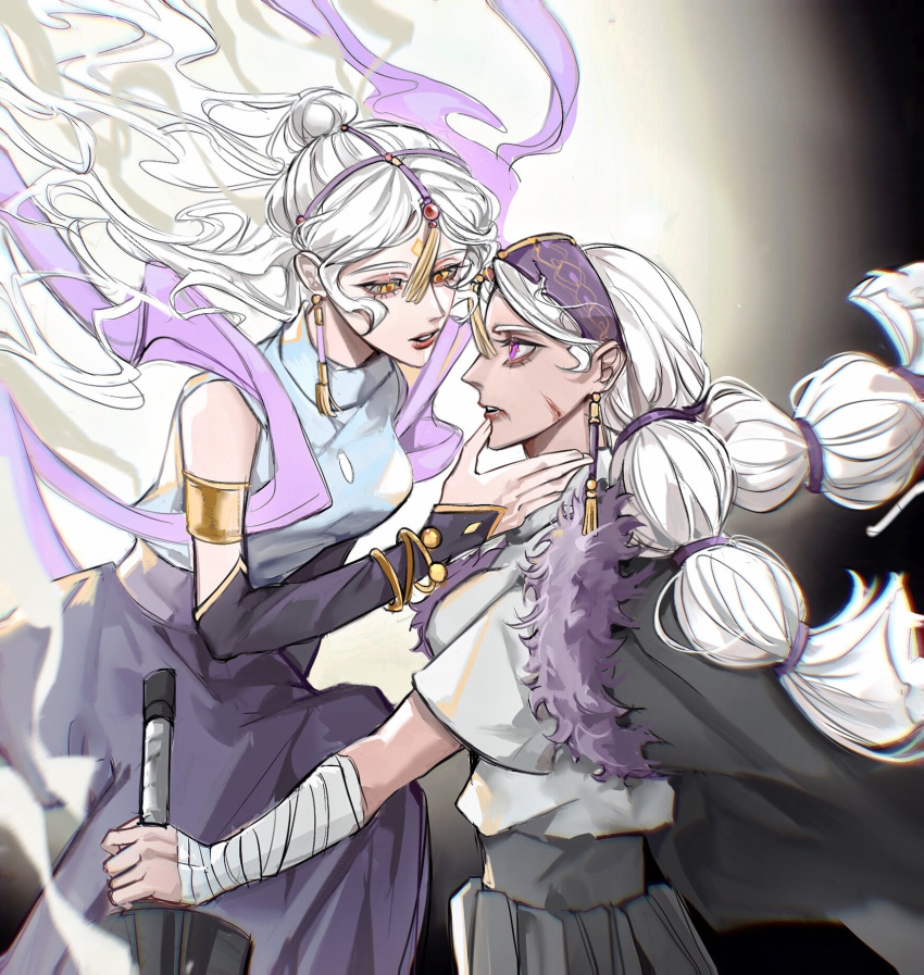 2girls, blonde_hair, couple, floating, floating_hair, from_side, fur, hair_bun