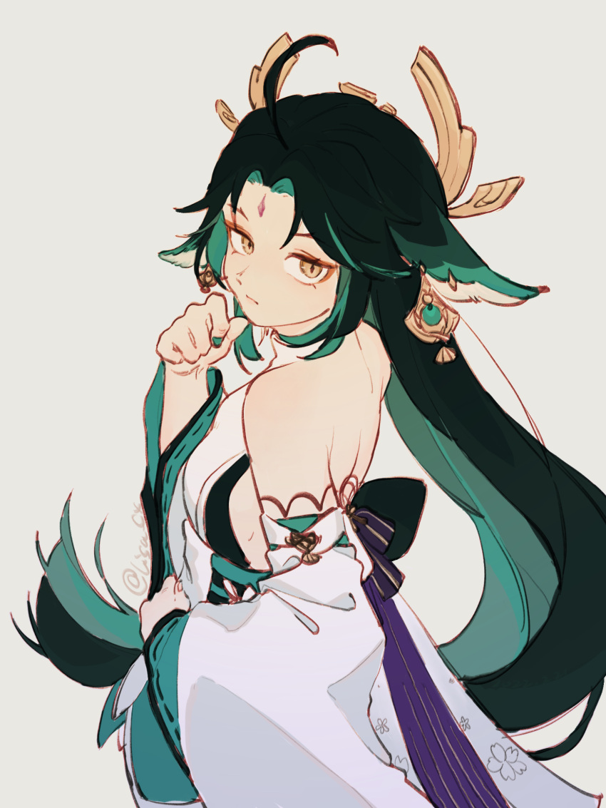 1girl, alternate_costume, animal_ears, bangs, bare_back, bare_shoulders, black_hair, breasts
